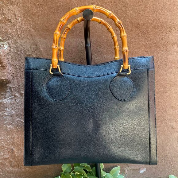 Vintage Gucci Diana Black Leather Structured Tote w/ Bamboo Handles w/ COA - Picture 1 of 16